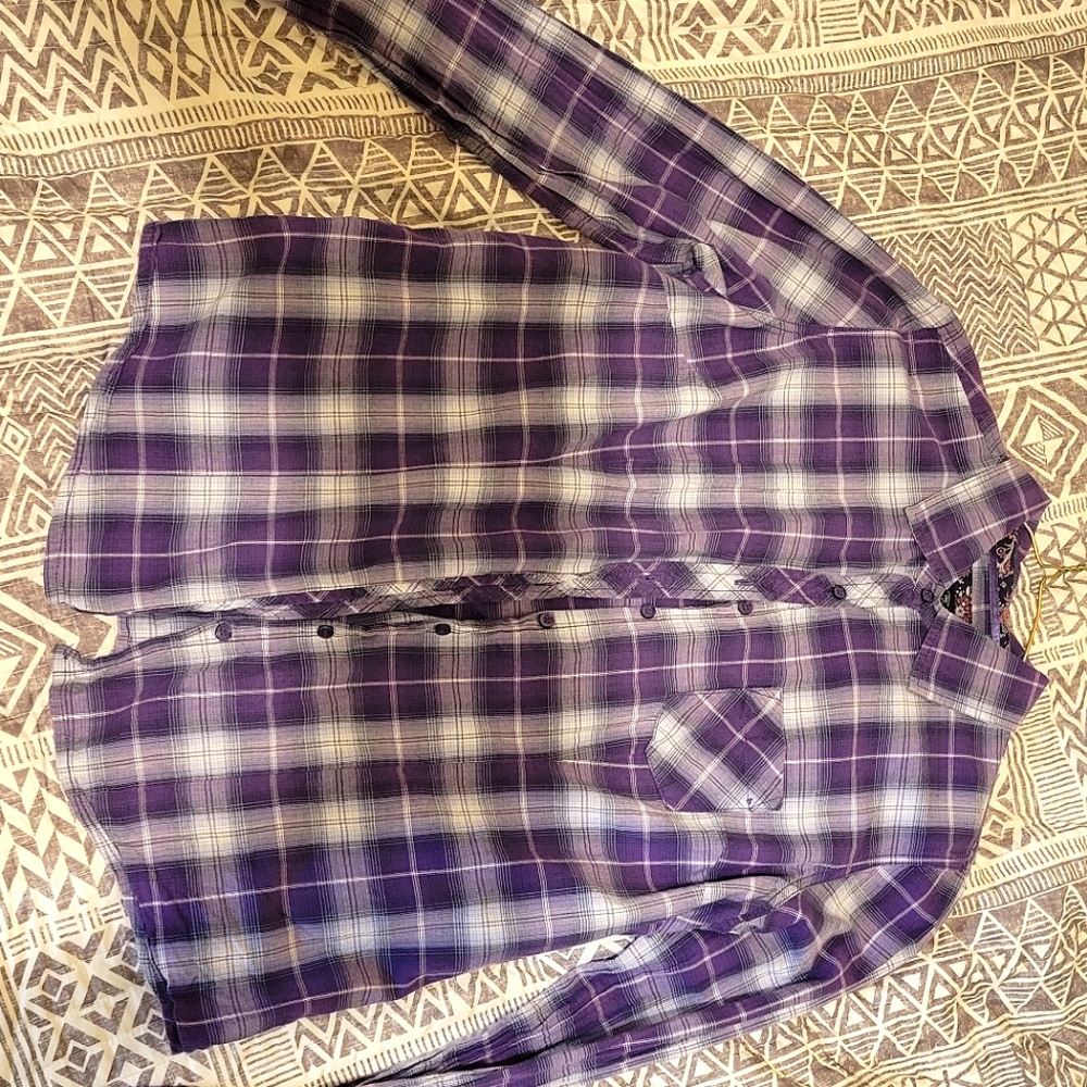 Faded Glory (L) Button Up Western Shirt. Purple and White Plaid.